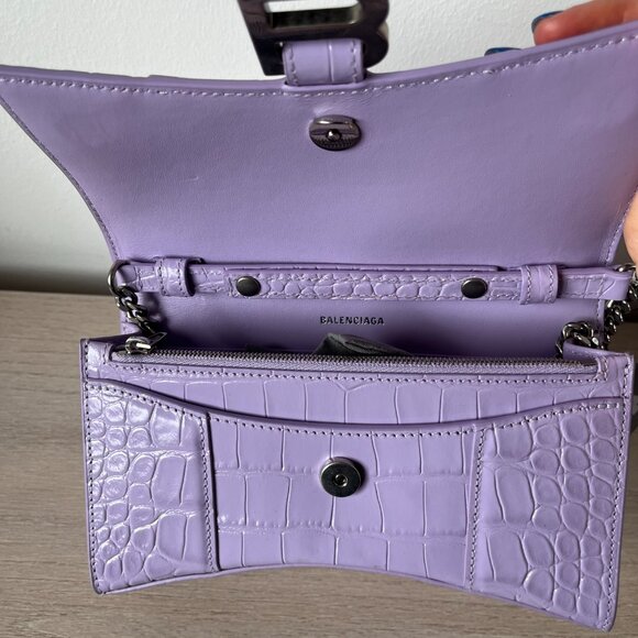 NWT Balenciaga Hourglass Wallet On Chain Shoulder Bag Lilac Shiny Embossed Croc - Picture 9 of 9